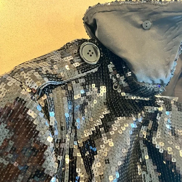 BEBE NWT SEQUIN TRENCH COAT BLACK SHINY TUXEDO COUTURE GALA FORMAL JACKET GLAMOR - Picture 12 of 16